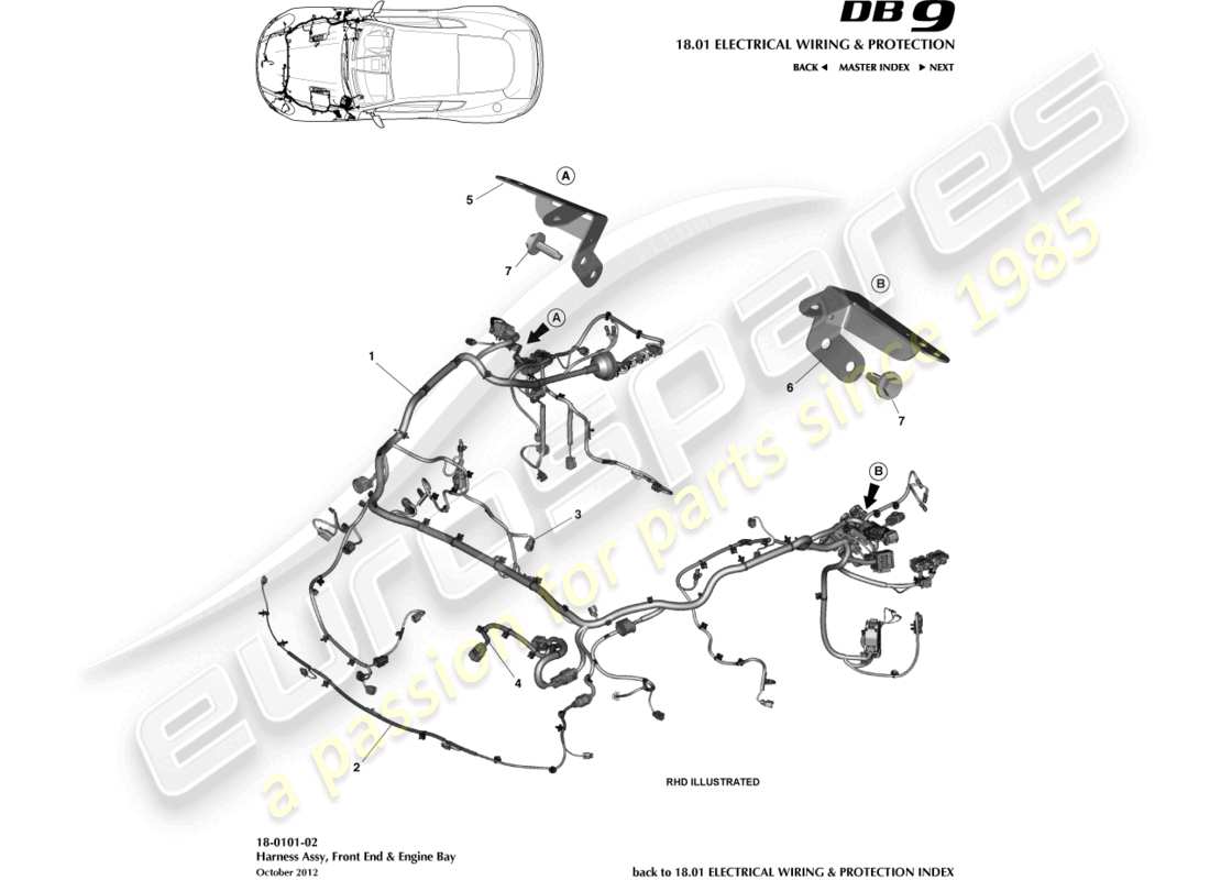 aston martin db9 (2016) diagramma delle parti del cablaggio del vano motore e anteriore