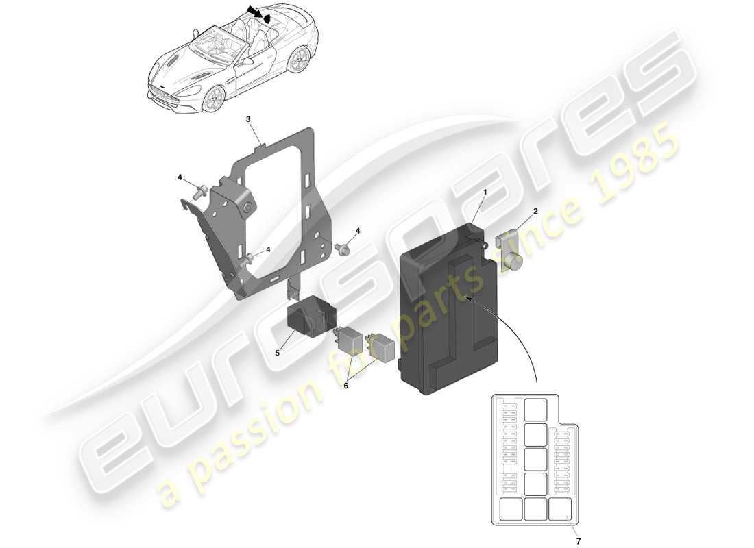 aston martin vanquish (2014) scatola fusibili del vano di carico diagramma delle parti