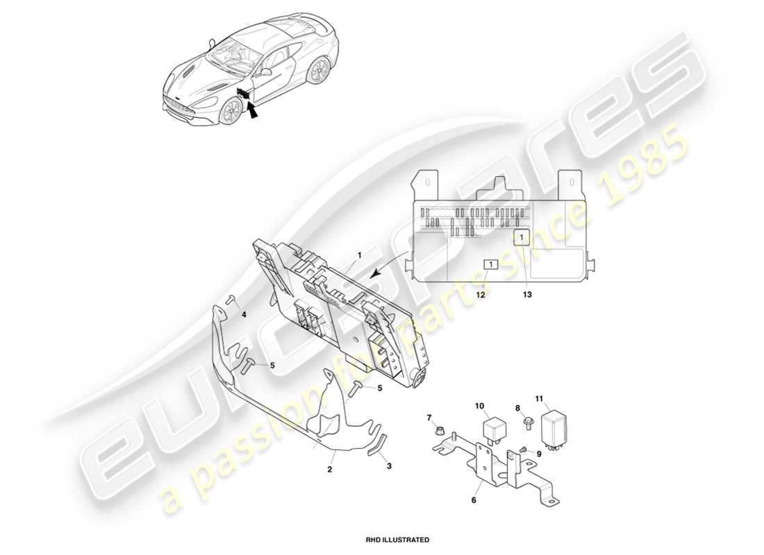aston martin vanquish (2014) scatola dei fusibili dell'abitacolo diagramma delle parti