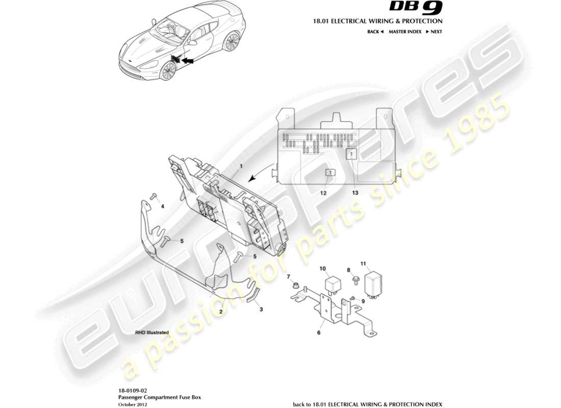 aston martin db9 (2016) schema delle parti della scatola dei fusibili dell'abitacolo