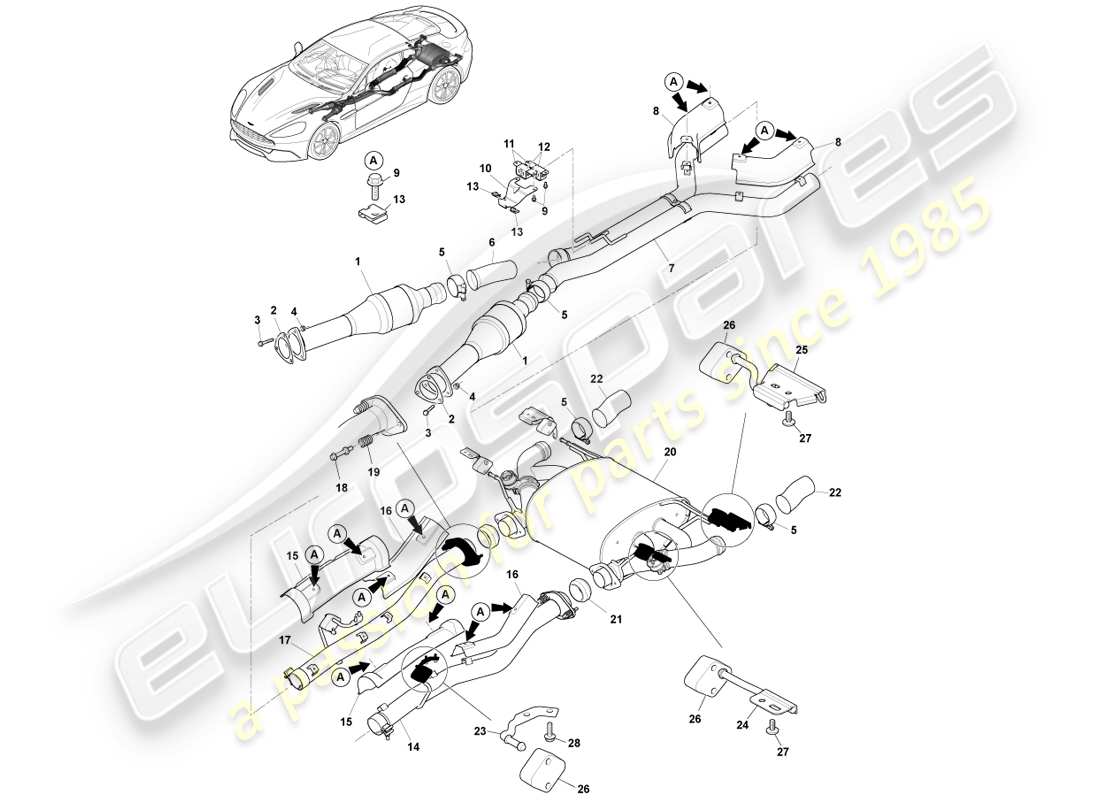 aston martin vanquish (2014) diagramma delle parti del sistema di scarico