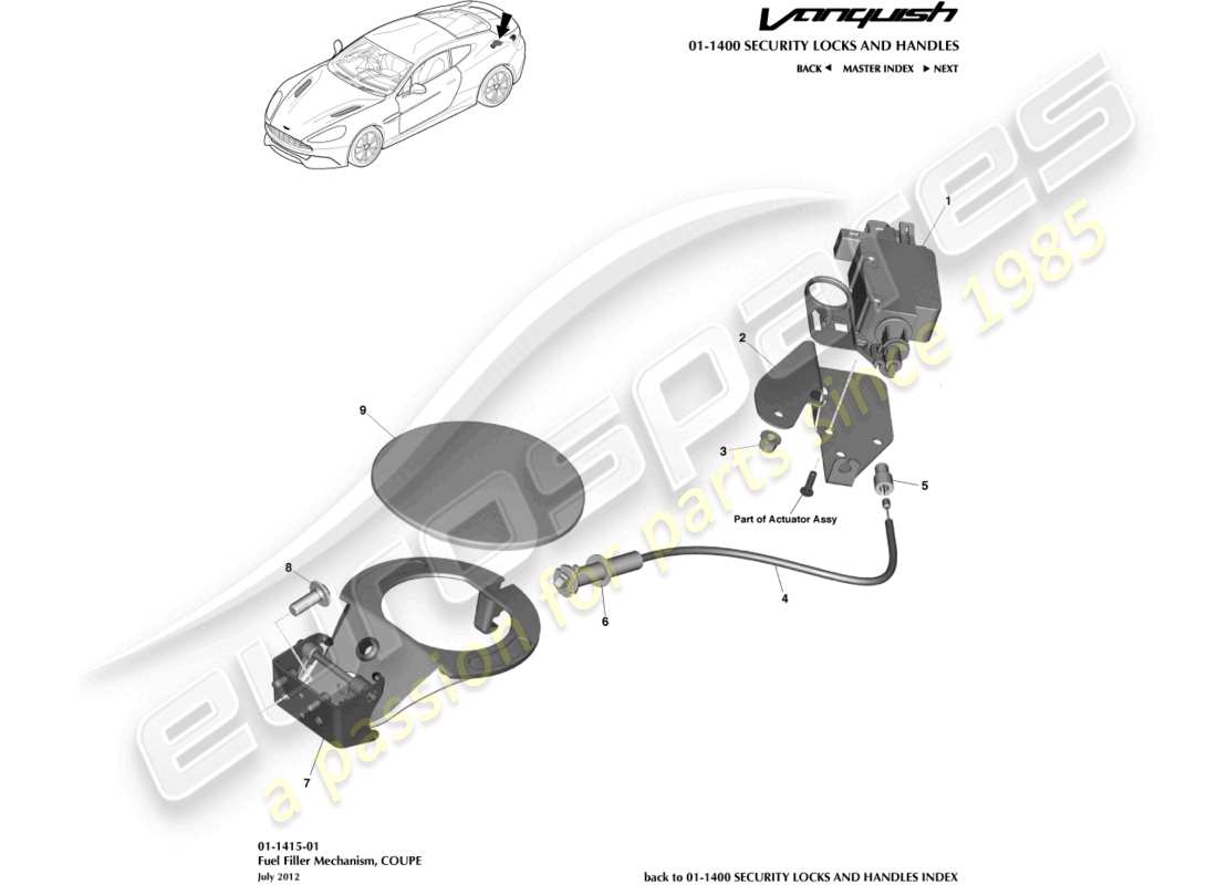 aston martin vanquish (2017) meccanismo di rifornimento del carburante, diagramma delle parti della coupé