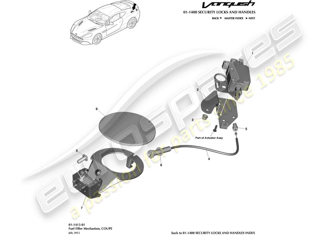 aston martin vanquish (2017) meccanismo di rifornimento carburante, coupé diagramma delle parti