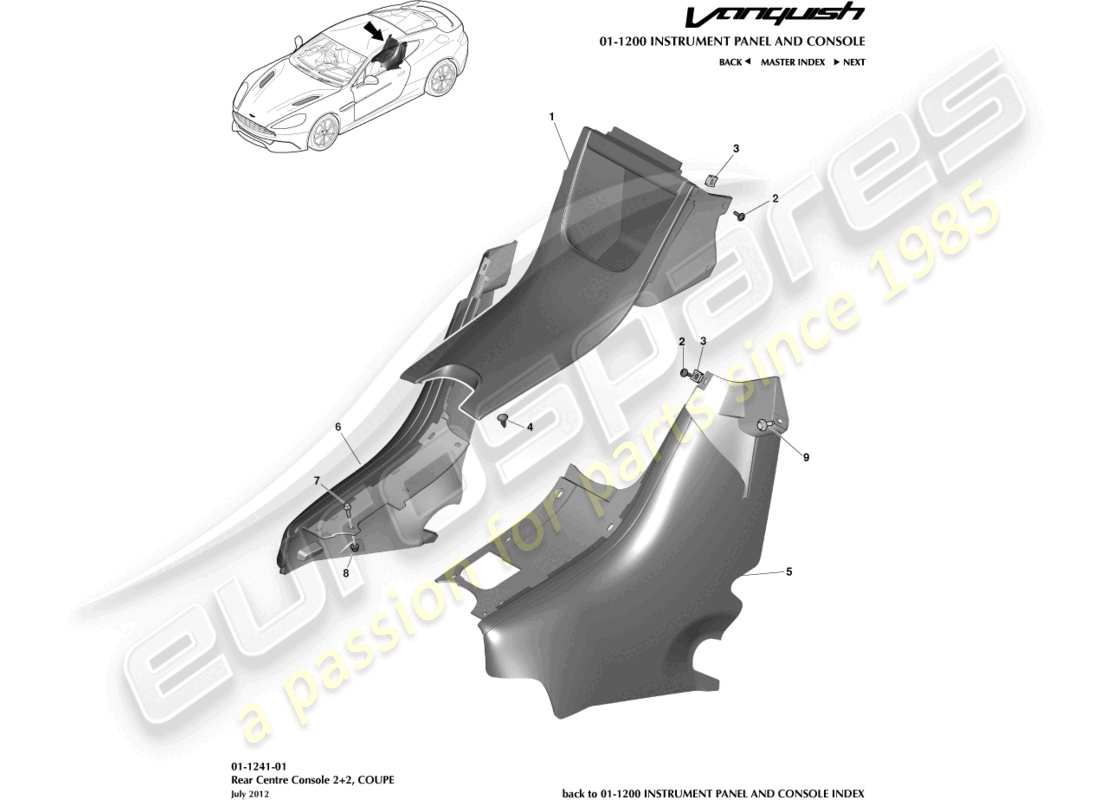 aston martin vanquish (2017) schema delle parti console posteriore, coupé 2+2