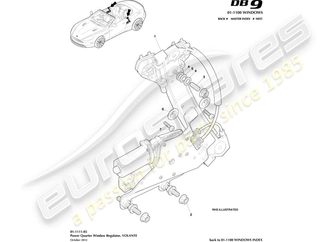 aston martin db9 (2016) alzacristallo posteriore, schema delle parti volante