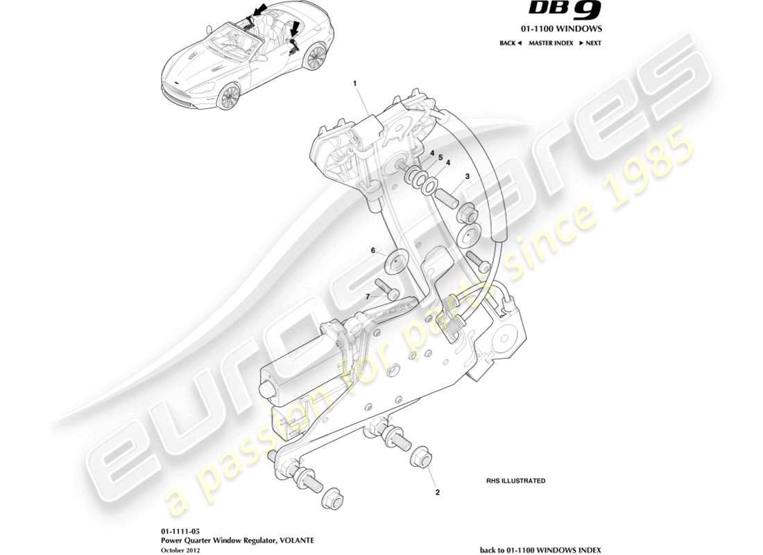 aston martin db9 (2014) alzacristallo posteriore, schema delle parti volante