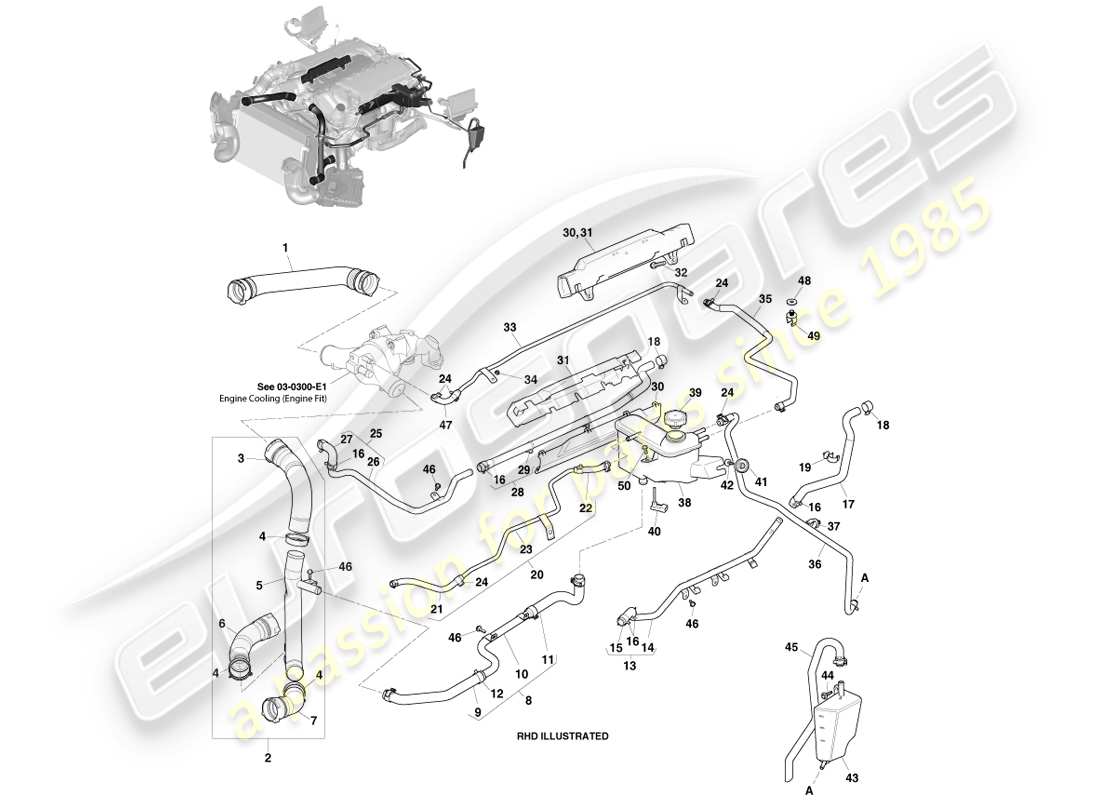 aston martin vanquish (2013) serbatoio e tubi del liquido refrigerante diagramma delle parti