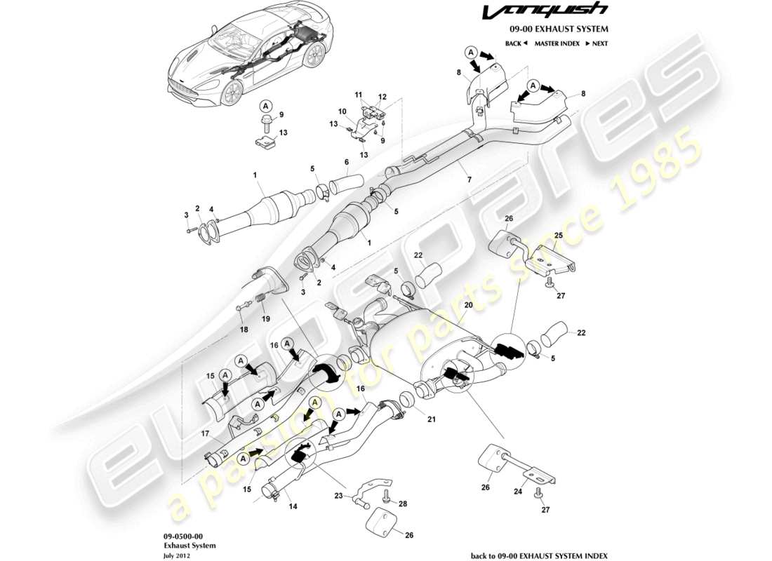 aston martin vanquish (2018) diagramma delle parti del sistema di scarico