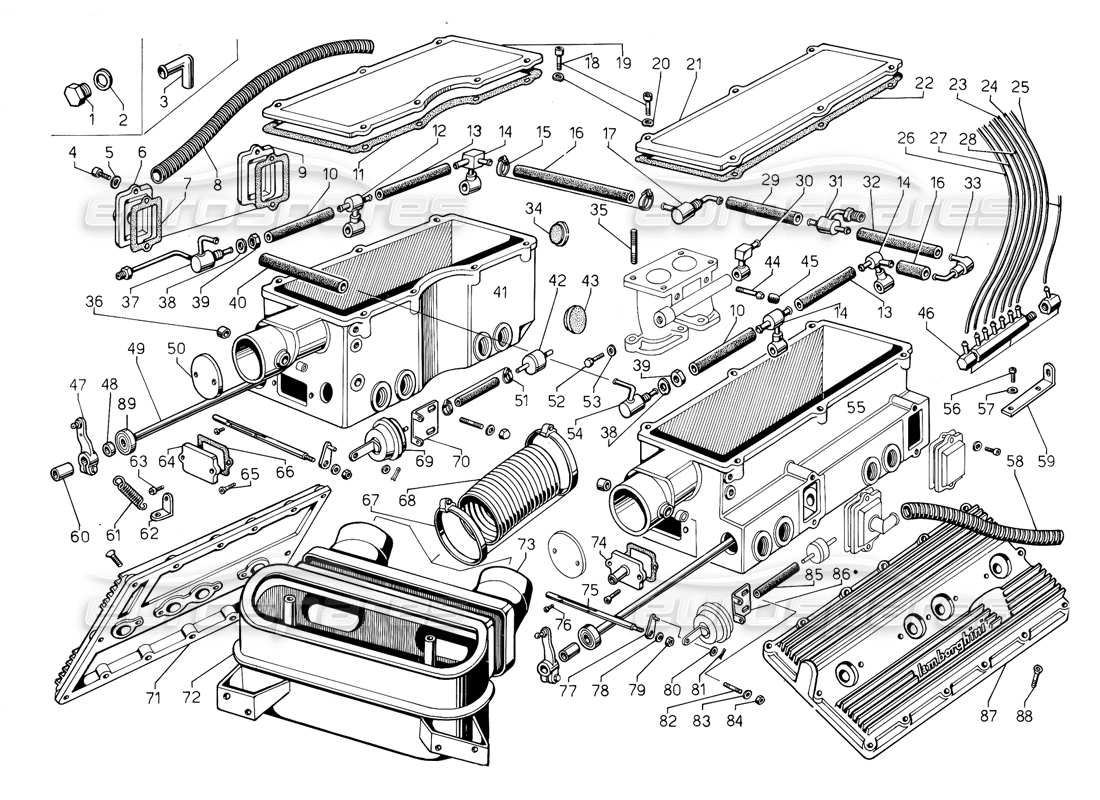 lamborghini jalpa 3.5 (1984) schema delle parti dell'impianto di alimentazione (valido per gli usa - 1985 maggio).