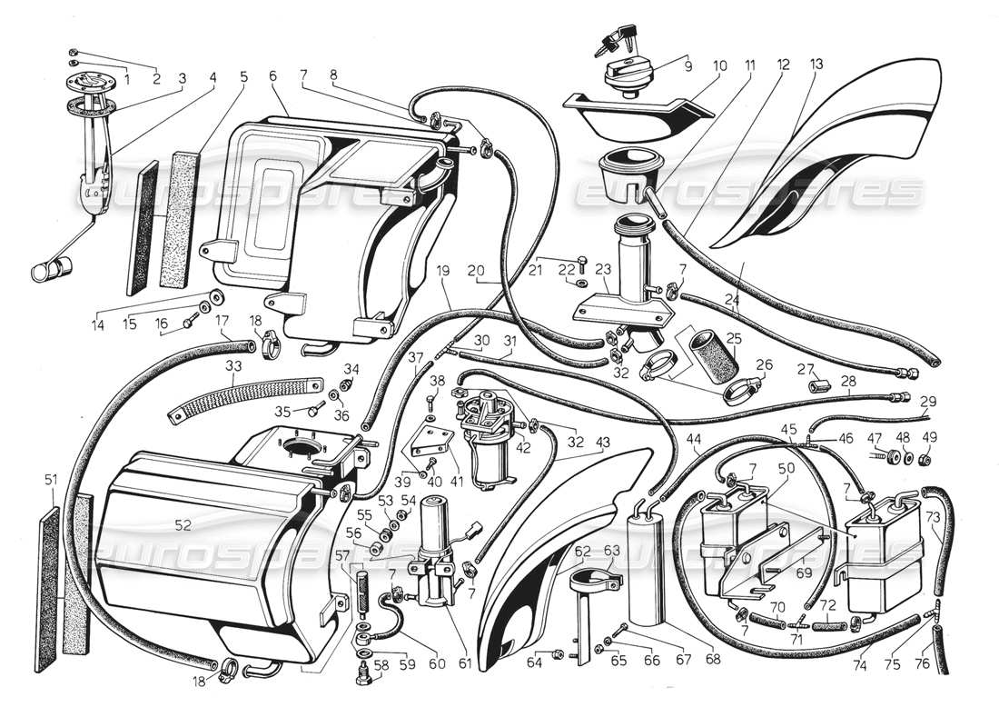 lamborghini jalpa 3.5 (1984) schema delle parti dell'impianto di alimentazione (valido per gli usa - 1985 maggio).