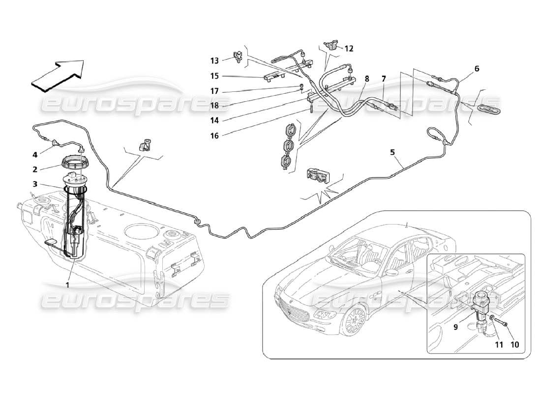 maserati qtp. (2006) 4.2 pompe e tubazioni del carburante - valido dallo schema delle parti dell'auto 24275