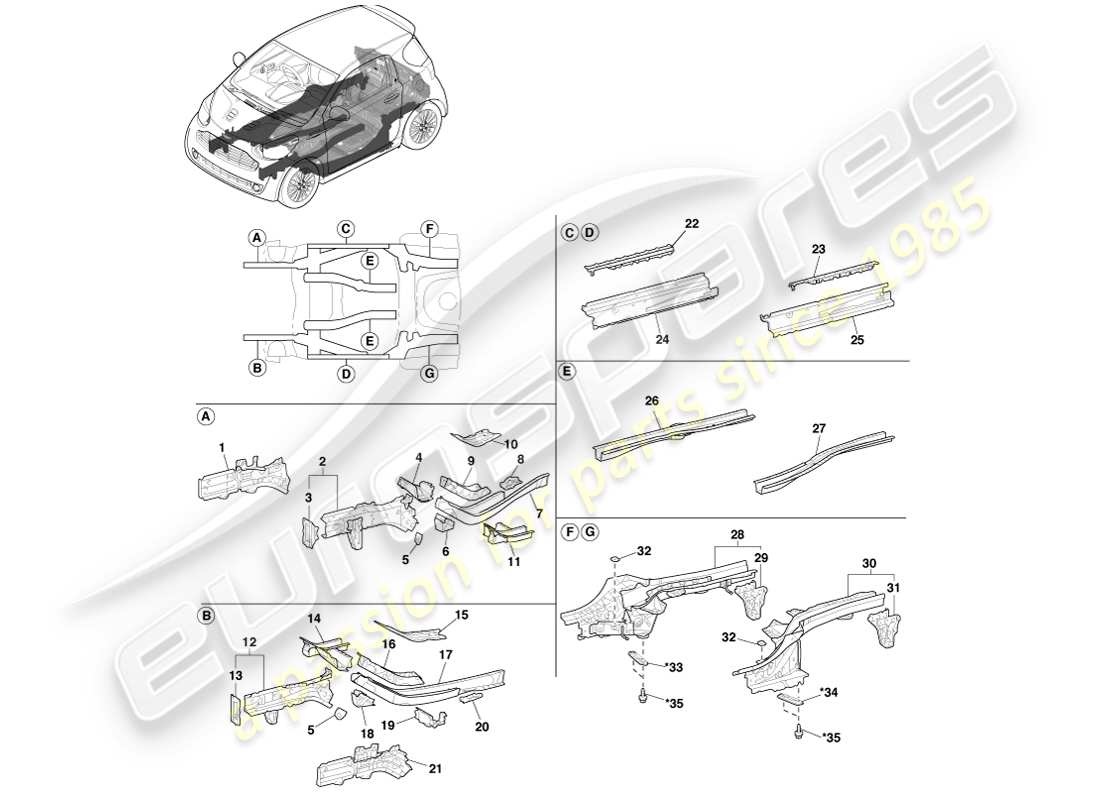 aston martin cygnet (2012) membri laterali del pavimento diagramma delle parti