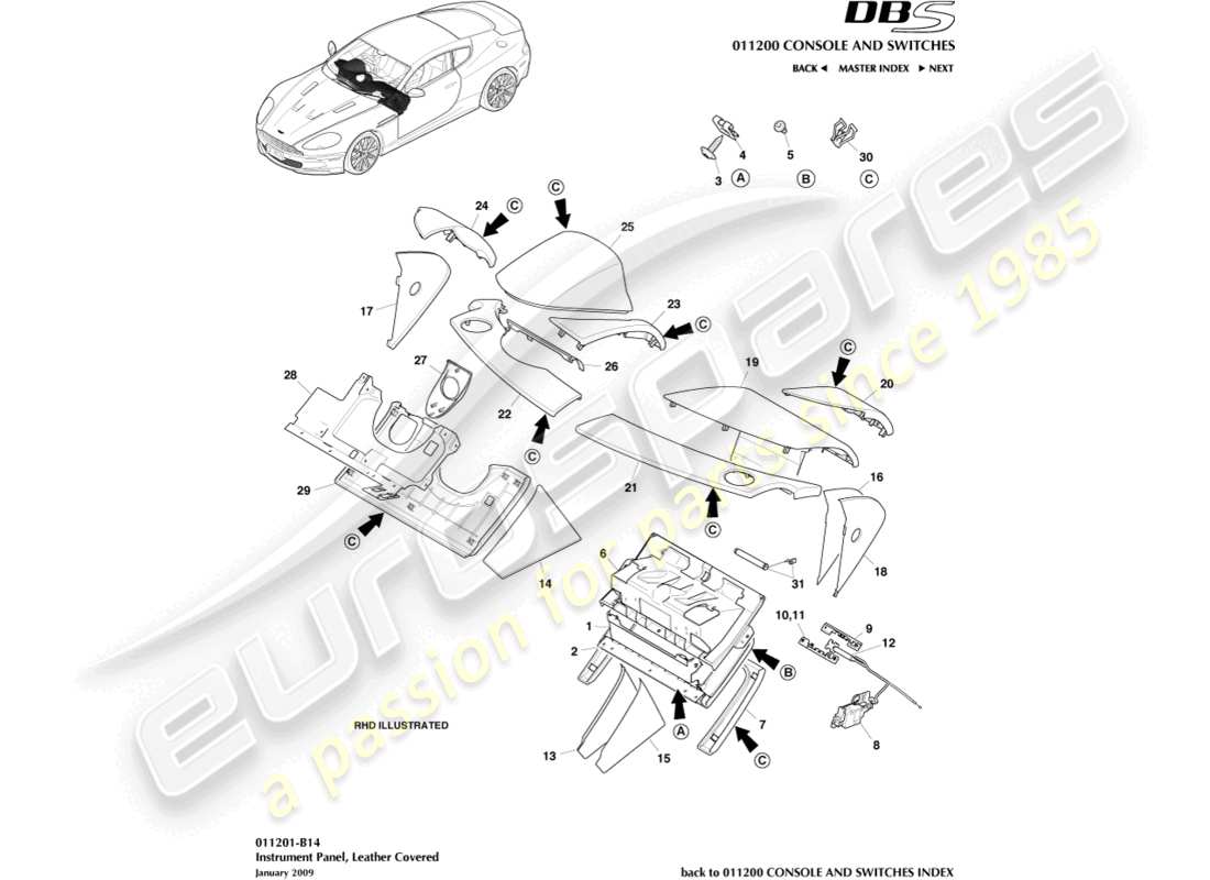 aston martin dbs (2009) pannello strumenti, pelle, diagramma delle parti b&o