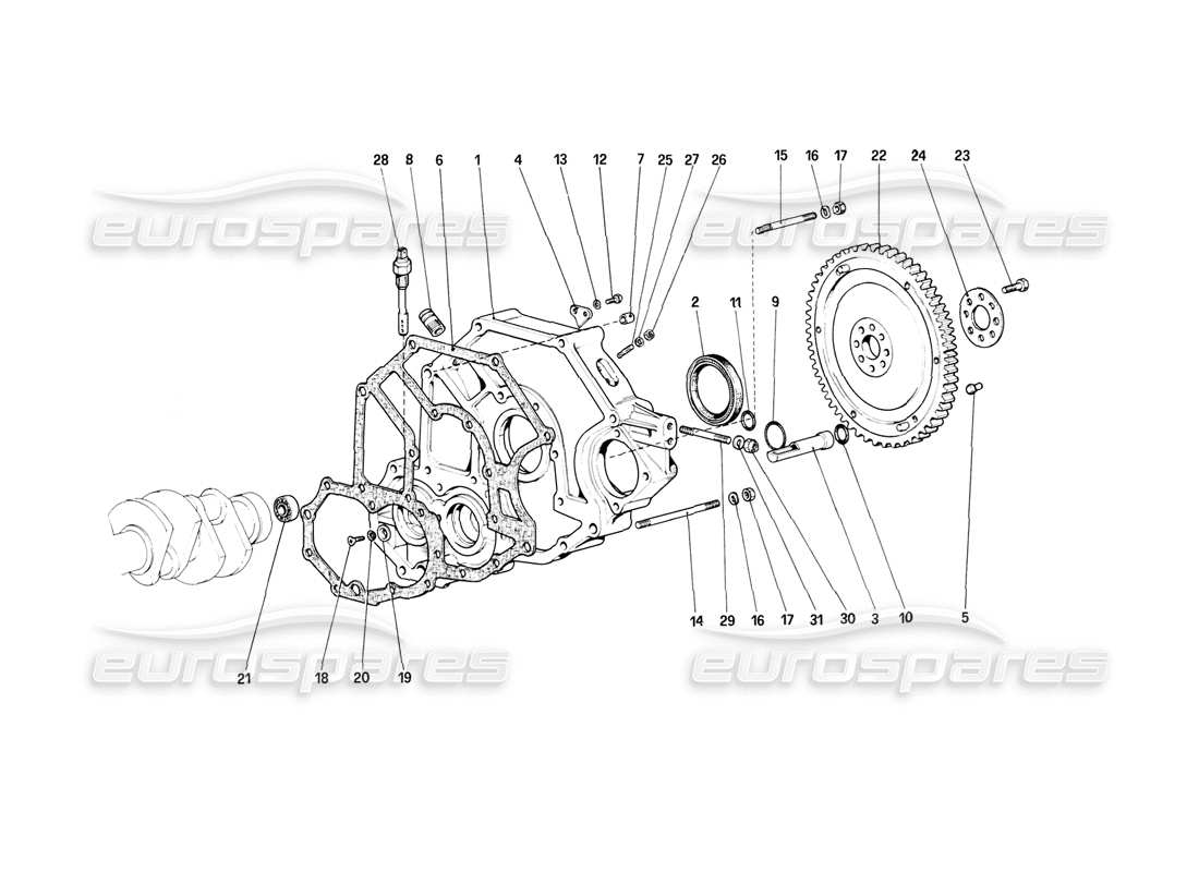 ferrari mondial 8 (1981) schema delle parti del distanziale dell'alloggiamento della frizione e del volano
