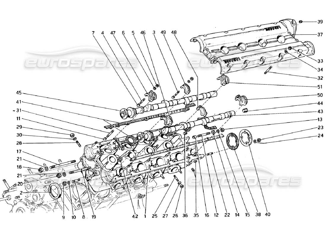 ferrari 308 gtb (1976) diagramma delle parti della testata (sinistra).