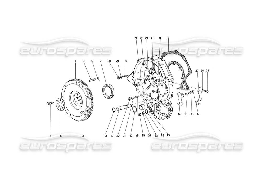 ferrari 246 dino (1975) schema delle parti dell'alloggiamento del volano e del cambio intermedio