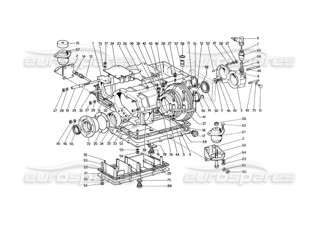 ferrari 246 dino (1975) coppa dell'olio: schema delle parti del cambio e del differenziale