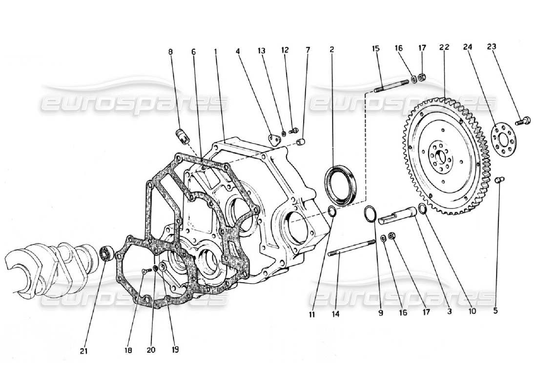 ferrari 308 gtb (1976) schema delle parti del distanziale dell'alloggiamento della frizione e del volano
