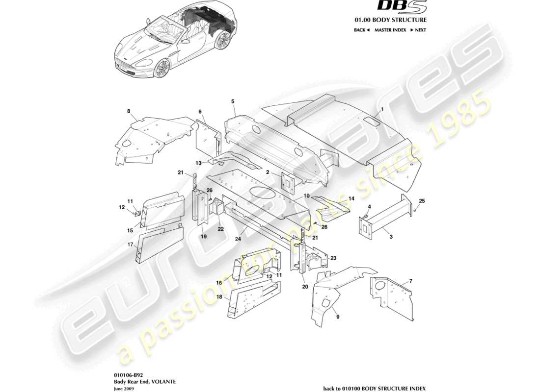aston martin dbs (2013) estremità posteriore del corpo, volante diagramma delle parti
