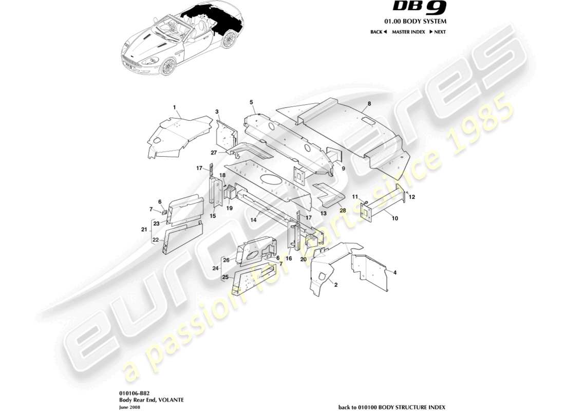 aston martin db9 (2005) estremità posteriore del corpo, diagramma delle parti volante