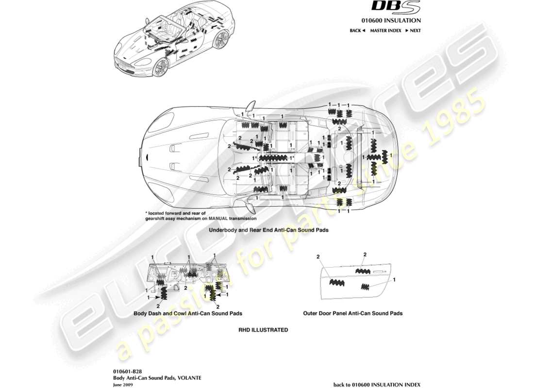aston martin dbs (2009) cuscinetti sonori anti-can, diagramma delle parti volante