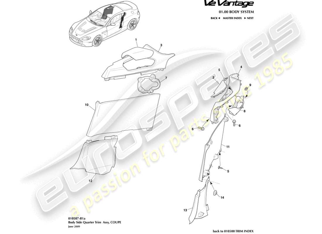 aston martin v12 vantage (2011) rifinitura del quarto laterale della carrozzeria, diagramma della parte coupé