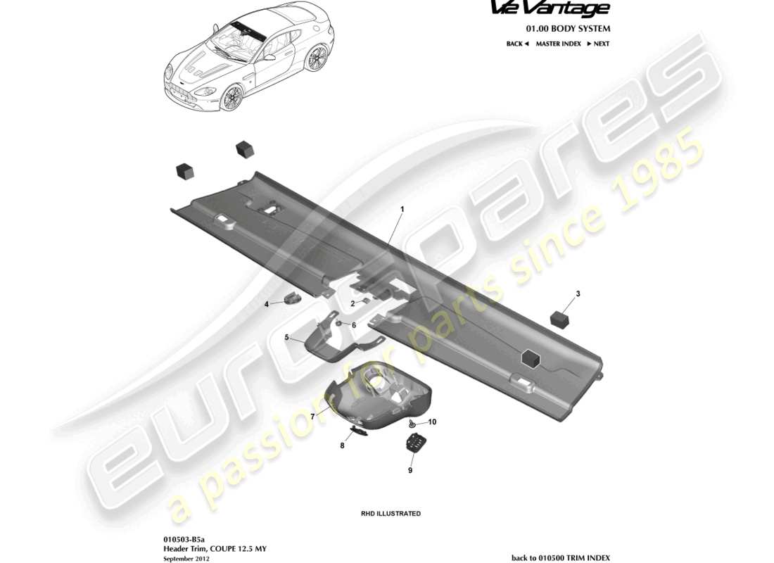 aston martin v12 vantage (2011) schema delle parti del rivestimento della testata, coupé 12.5my