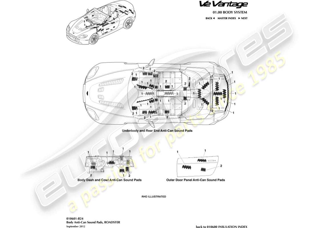 aston martin v12 vantage (2011) cuscinetti sonori anti-can, diagramma delle parti della roadster