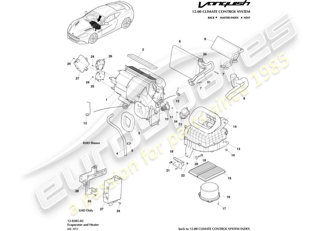 aston martin vanquish (2015) unità hvac diagramma delle parti