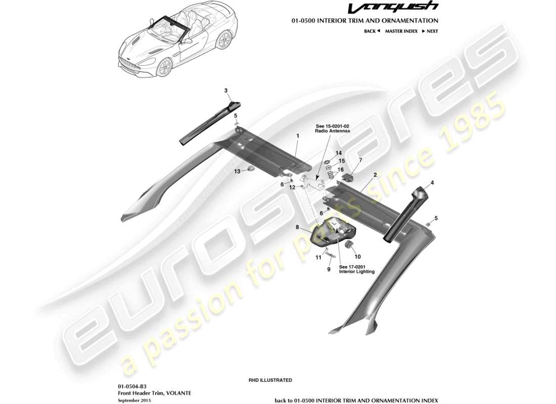 aston martin vanquish (2017) rivestimento della testata anteriore, diagramma delle parti volante