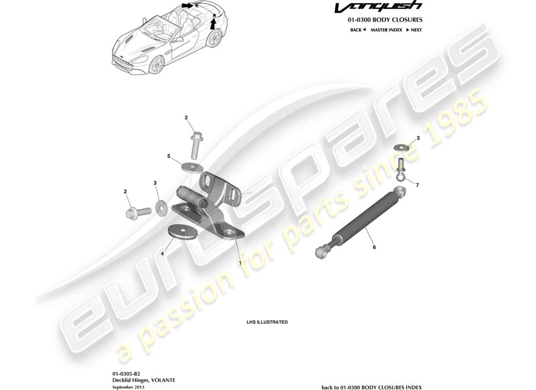 aston martin vanquish (2017) cerniere decklid, diagramma delle parti volante