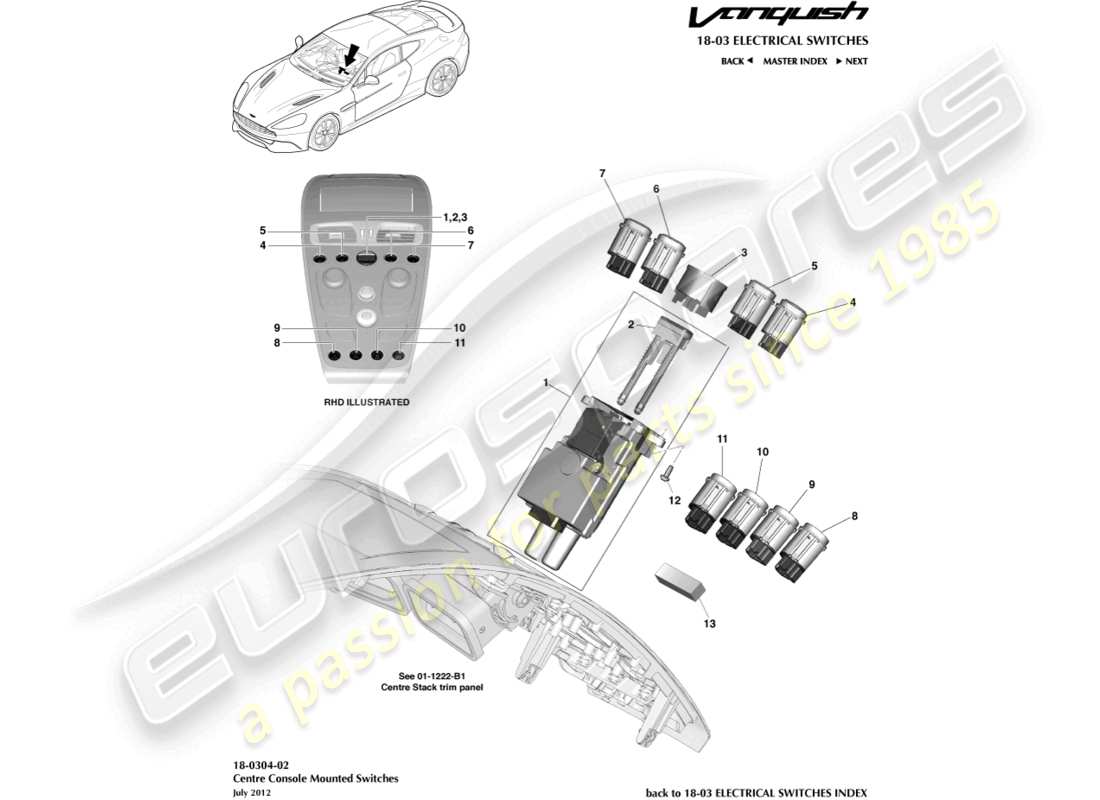 aston martin vanquish (2016) interruttori della console centrale diagramma delle parti