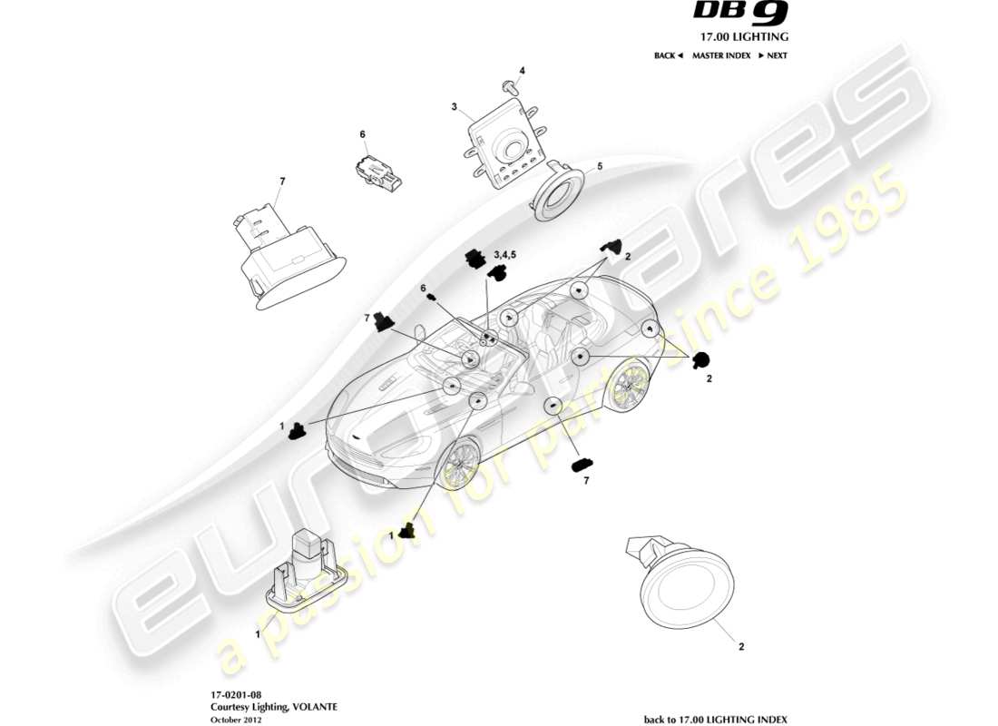 aston martin db9 (2016) illuminazione di cortesia, diagramma delle parti volante