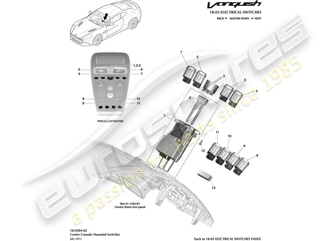 aston martin vanquish (2017) diagramma delle parti degli interruttori della console centrale