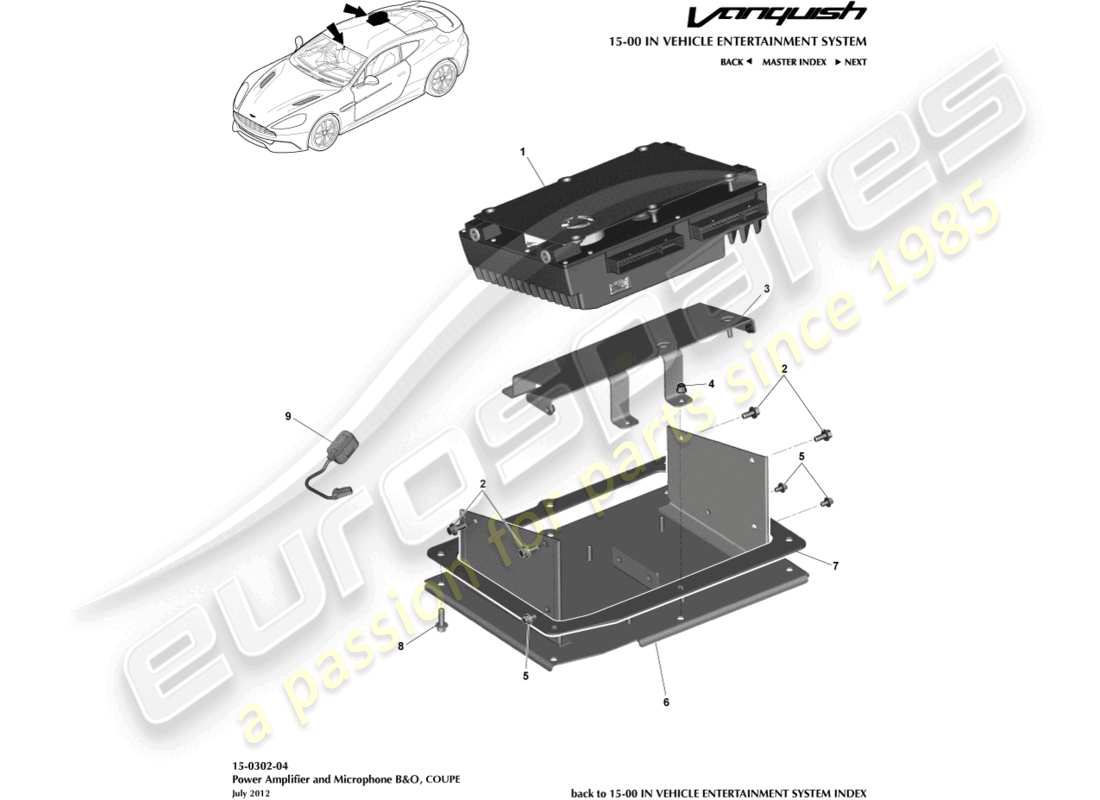 aston martin vanquish (2018) amplificatori, b&o, diagramma delle parti del coupé