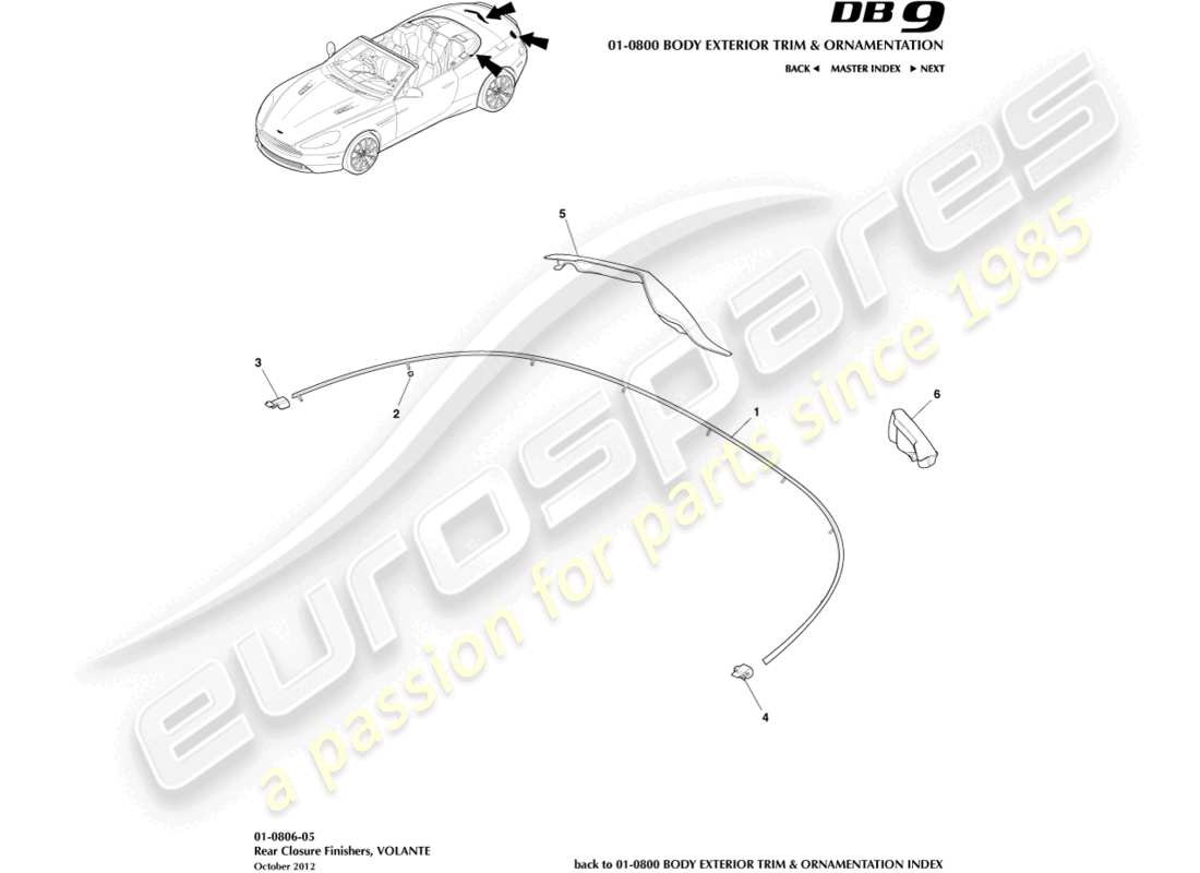 aston martin db9 (2014) finiture delle chiusure posteriori, diagramma delle parti volante