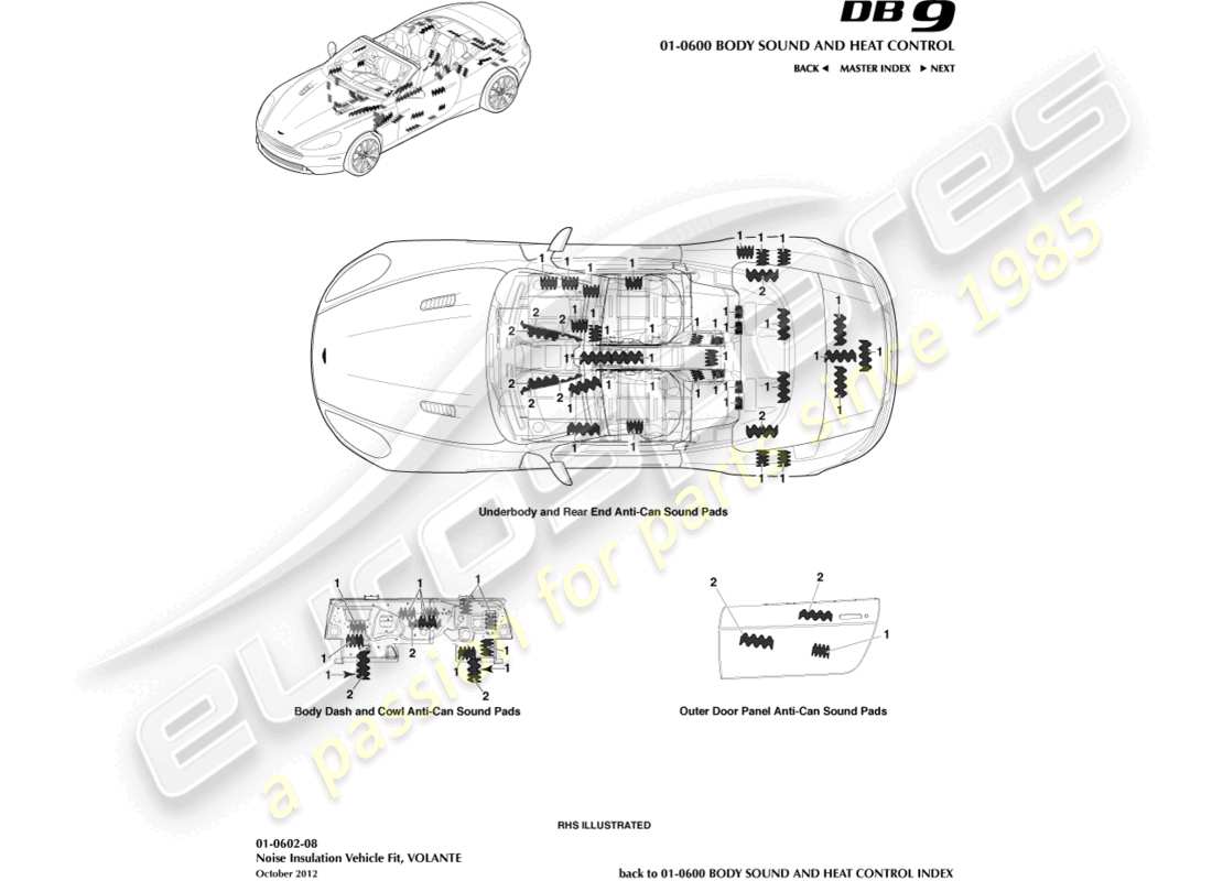 aston martin db9 (2016) isolamento acustico, diagramma delle parti volante