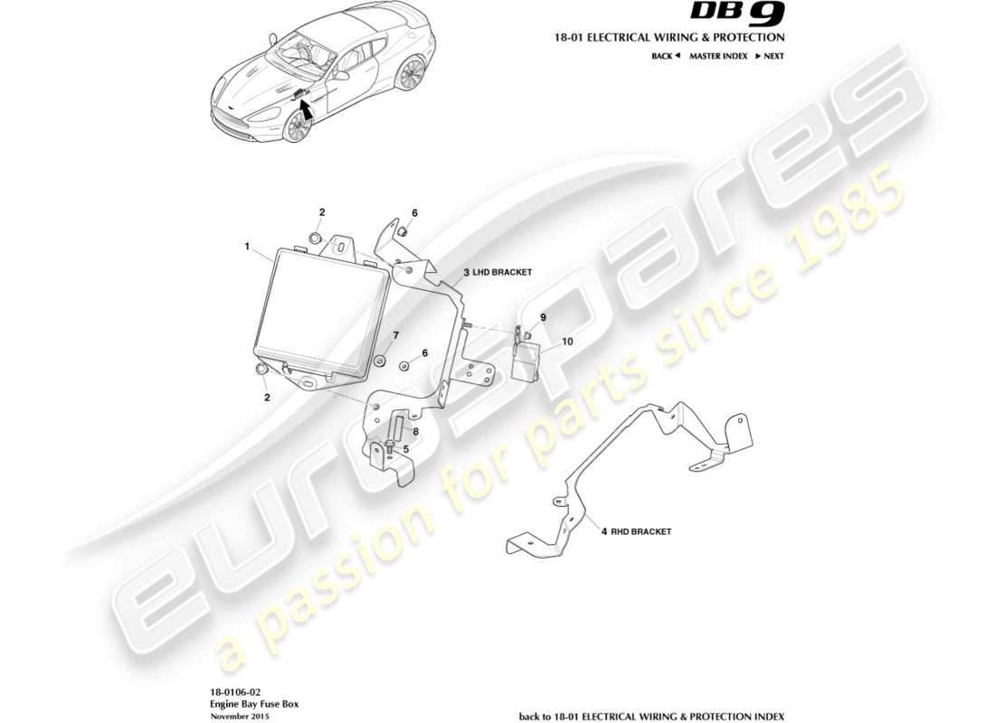aston martin db9 (2016) diagramma delle parti della scatola dei fusibili del vano motore