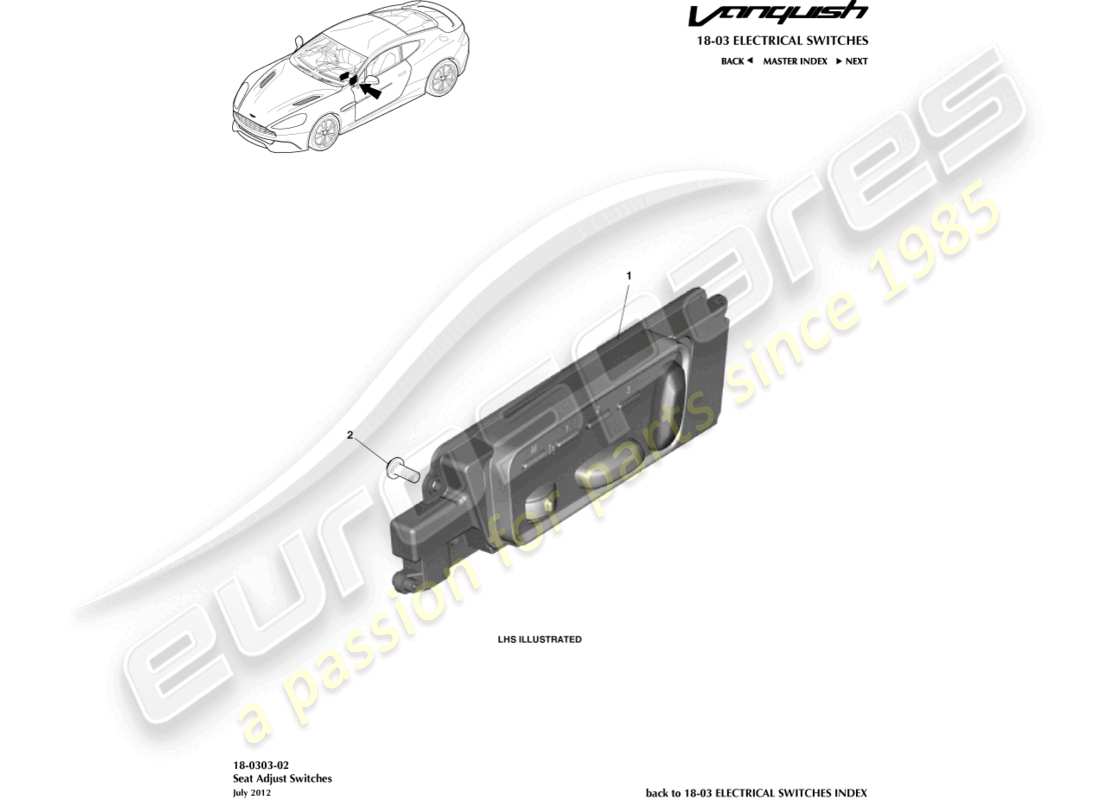 aston martin vanquish (2015) interruttori di regolazione del sedile diagramma delle parti