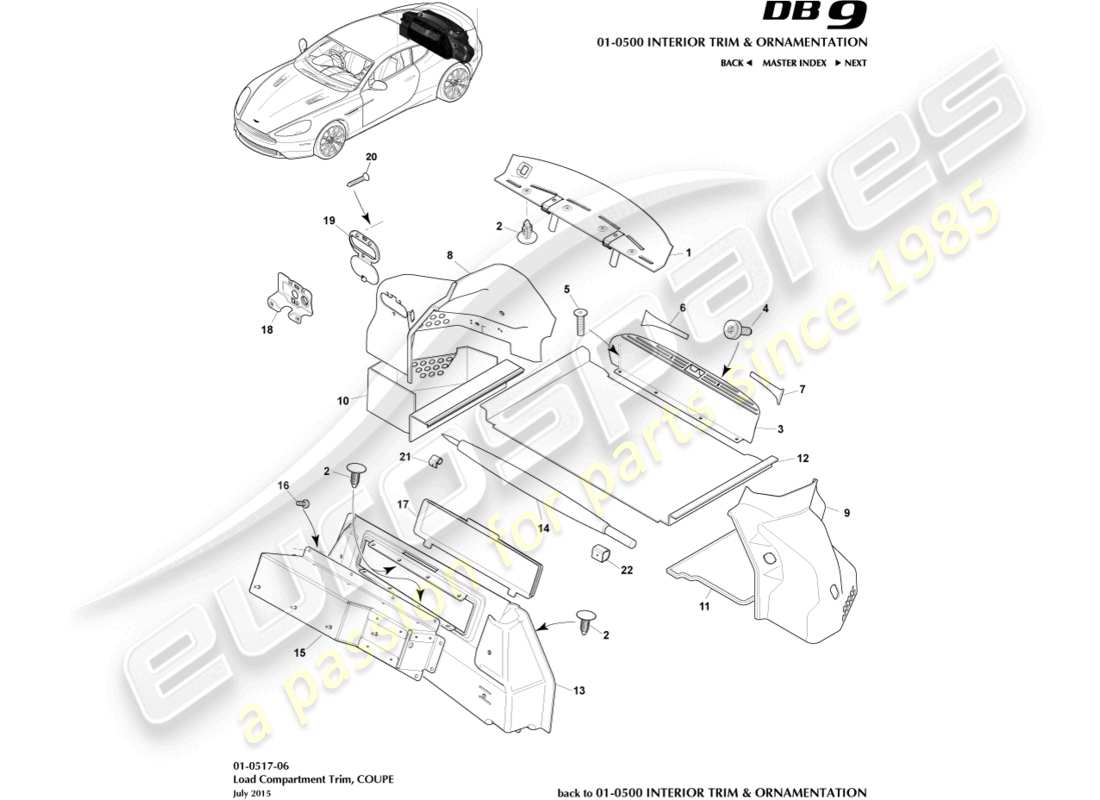 aston martin db9 (2014) rivestimenti del vano di carico, diagramma delle parti della coupé