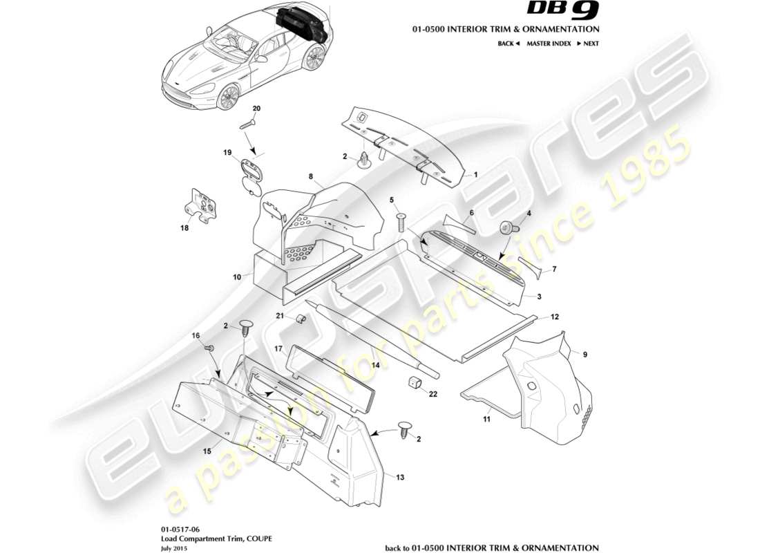 aston martin db9 (2014) rivestimento del vano di carico, coupé diagramma delle parti