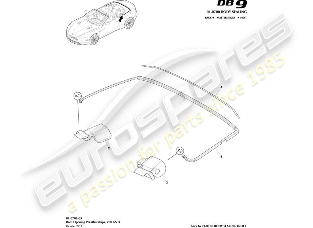 aston martin db9 (2014) guarnizione di apertura del tetto, diagramma delle parti volante