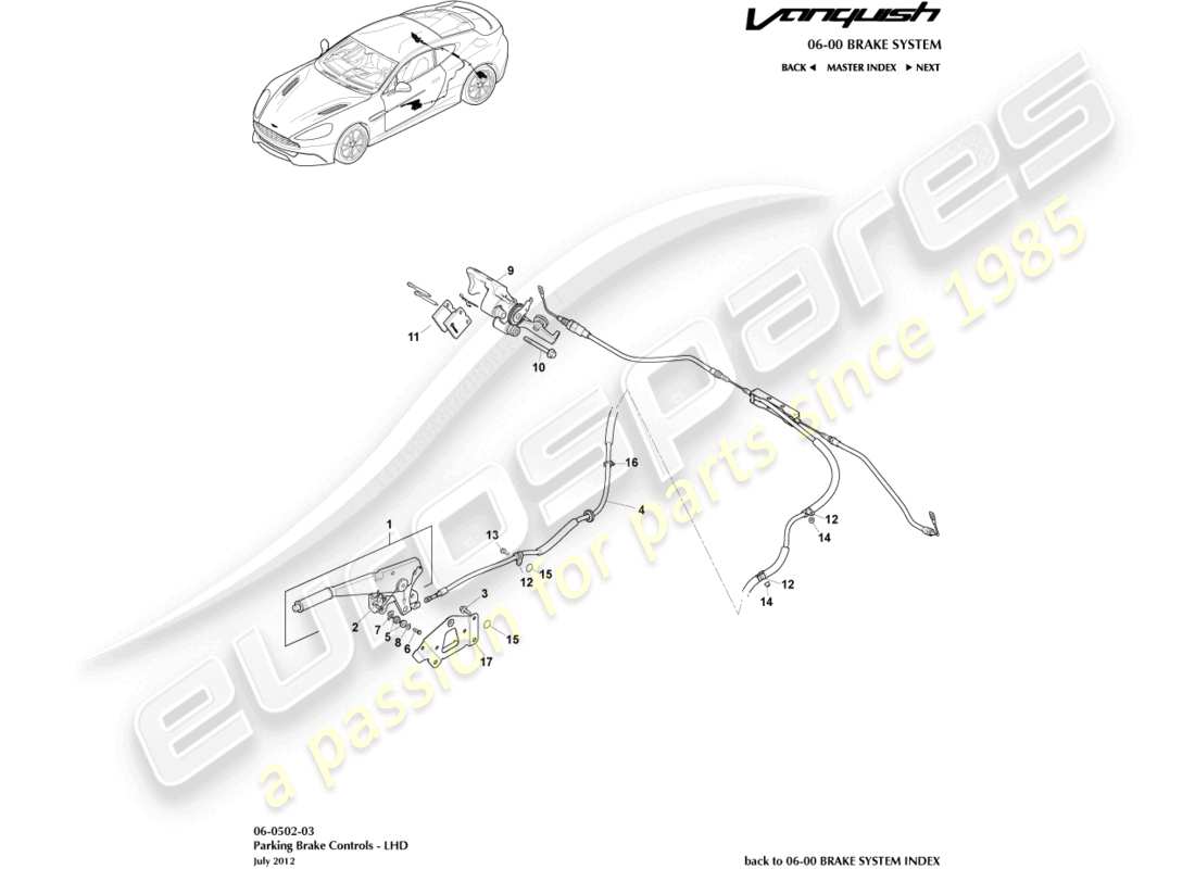 aston martin vanquish (2017) freno di stazionamento, schema delle parti con guida a sinistra