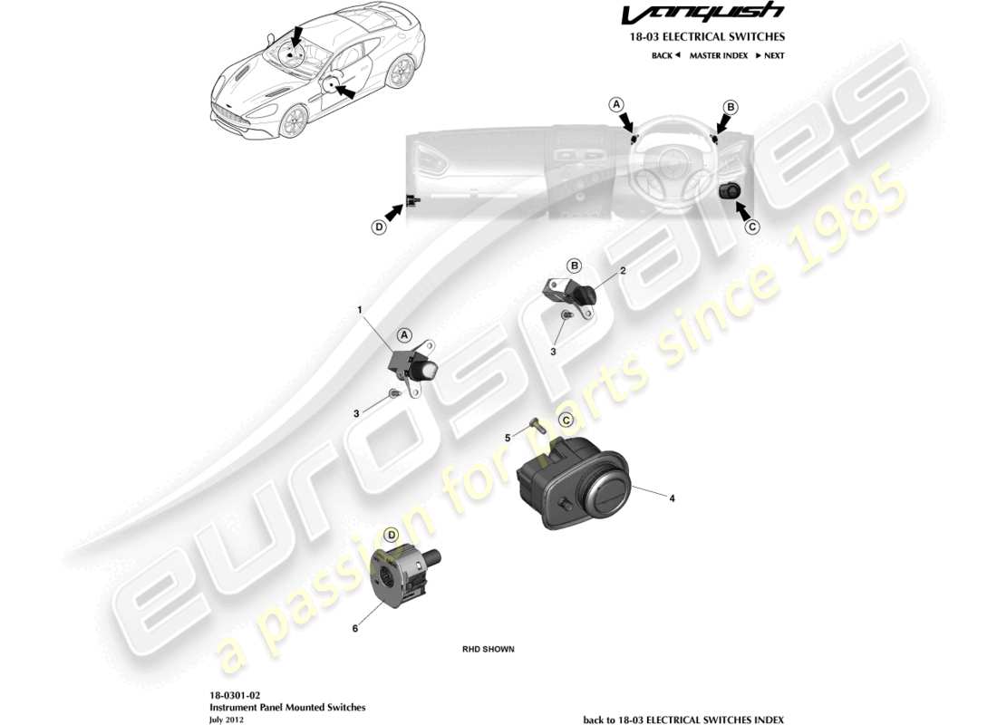 aston martin vanquish (2015) switch ip diagramma delle parti