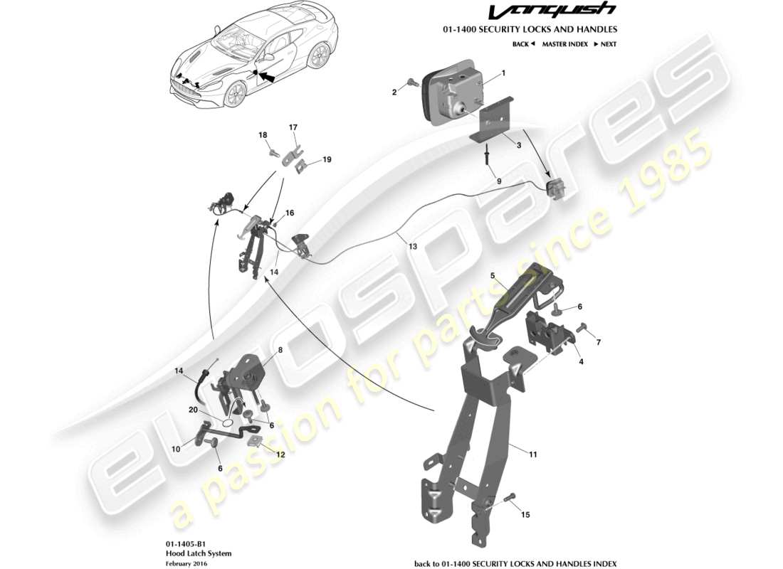 aston martin vanquish (2018) diagramma delle parti di chiusura e attuazione del cofano