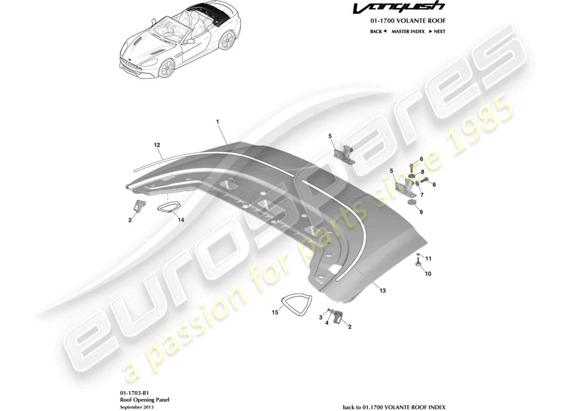 aston martin vanquish (2015) pannello di apertura del tetto diagramma delle parti
