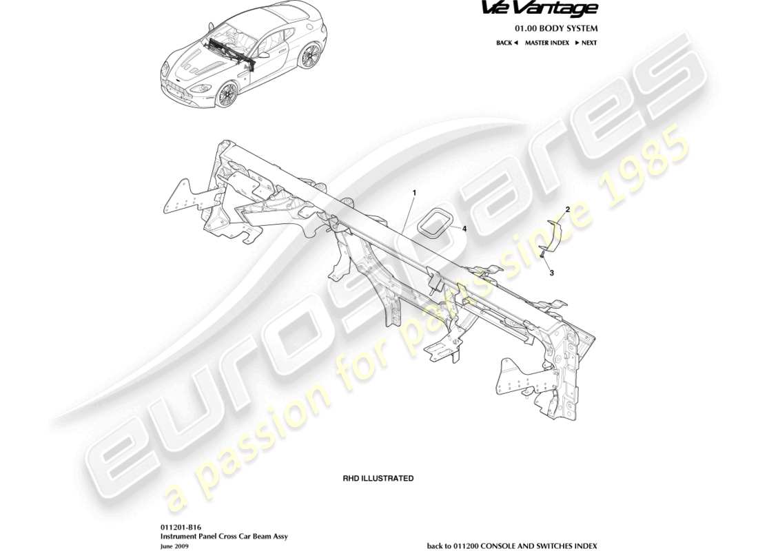 aston martin v12 vantage (2011) diagramma delle parti della trave trasversale dell'auto