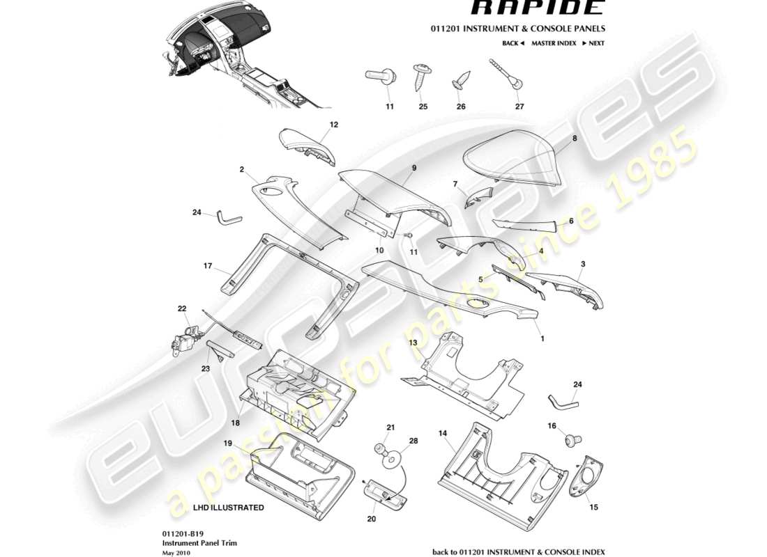 aston martin rapide (2013) ip-beschnittene panels teilediagramm
