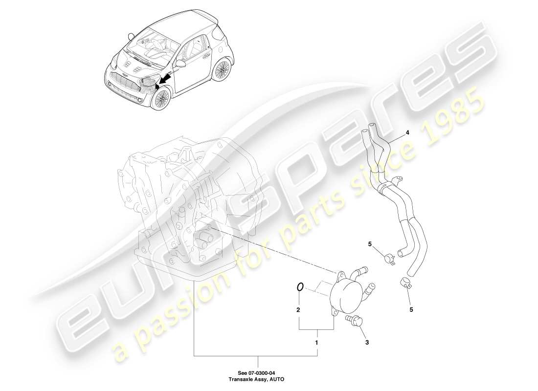 aston martin cygnet (2012) radiatore dell'olio e tubi flessibili diagramma delle parti