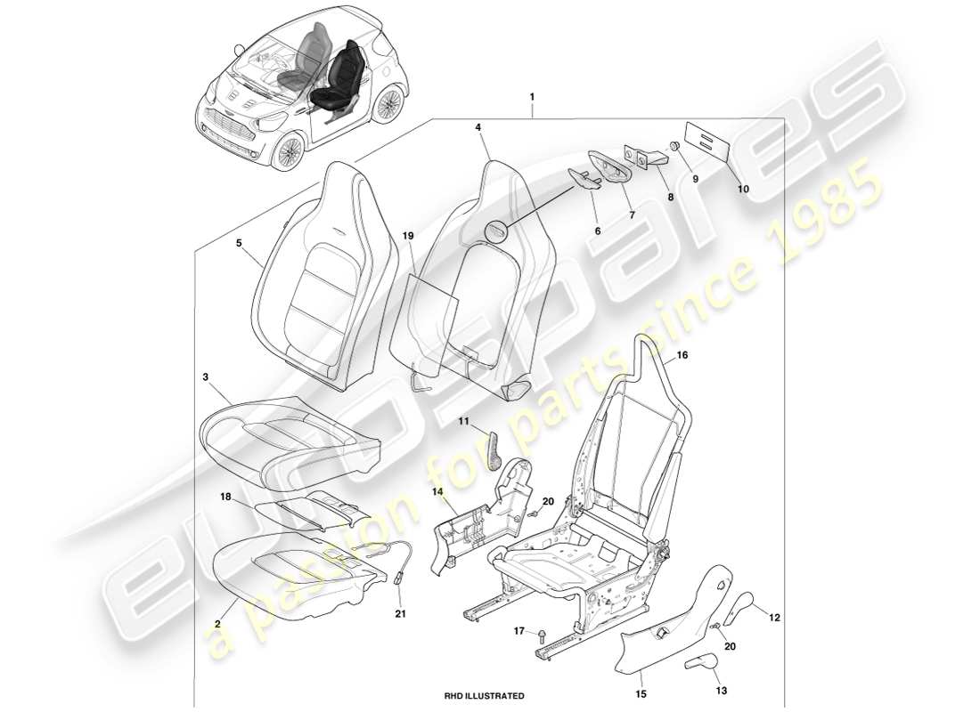 aston martin cygnet (2012) sedile anteriore, passeggero diagramma delle parti